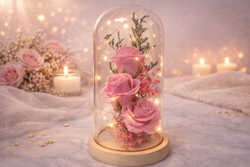 Kupole Roze me 3 Lule te Balsamosura dhe Drite Dekorative dhe Ndricim LED, Dhuratë Romantike nga KONFETAT E ARTA, surprize per dite martese, dhurata me stil minimalist, konfeta me mesazh dashurie, dhurate me domethenie te thelle