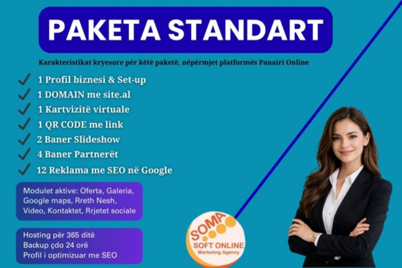 Paketa STANDART me 12 reklama dhe Profil biznesi me domain në platformën Panairi Online, website ne Google me SEO, Dyqan per shitje online, paniri online marketing, si funksionon paniri online, platforma paniri online për biznese