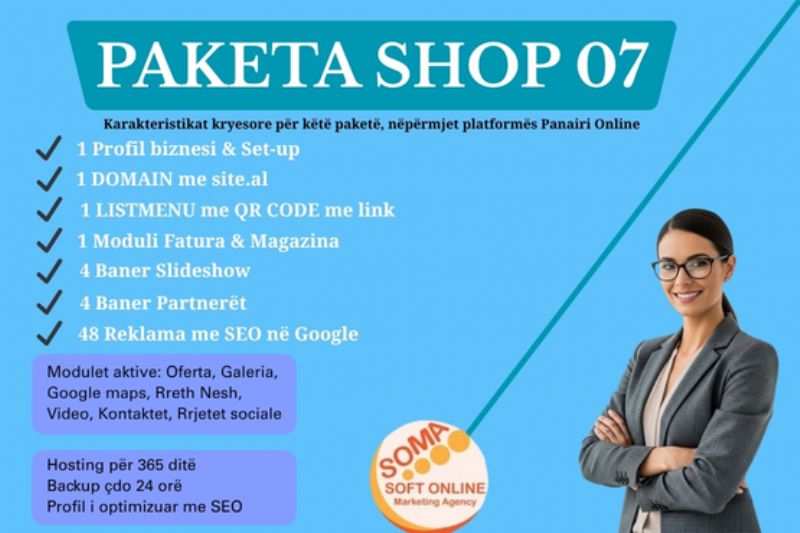 Paketa E-SHOP me 48 reklama dhe Profil biznesi me domain në platformën P...